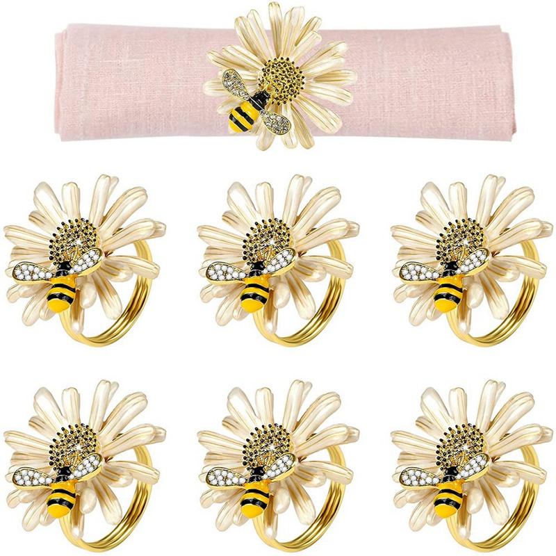 2025 Trend Set Of 12 Daisy Sunflower Napkin Rings, Gold Bee Napkin Ring Holders For Formal Or Casual Dinning Table Decor