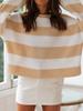 Women's Autumn New Fashion Striped Color Block Knit Sweater with Ribbed Crew Neck
