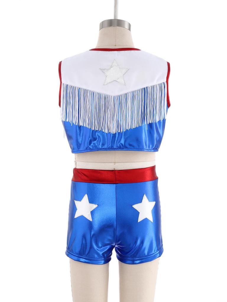 Children‘s Cowgirl Costume Set Sequins Metallic Fringe Sleeveless Top and Matching Shorts for Western Theme Fancy Ball Party