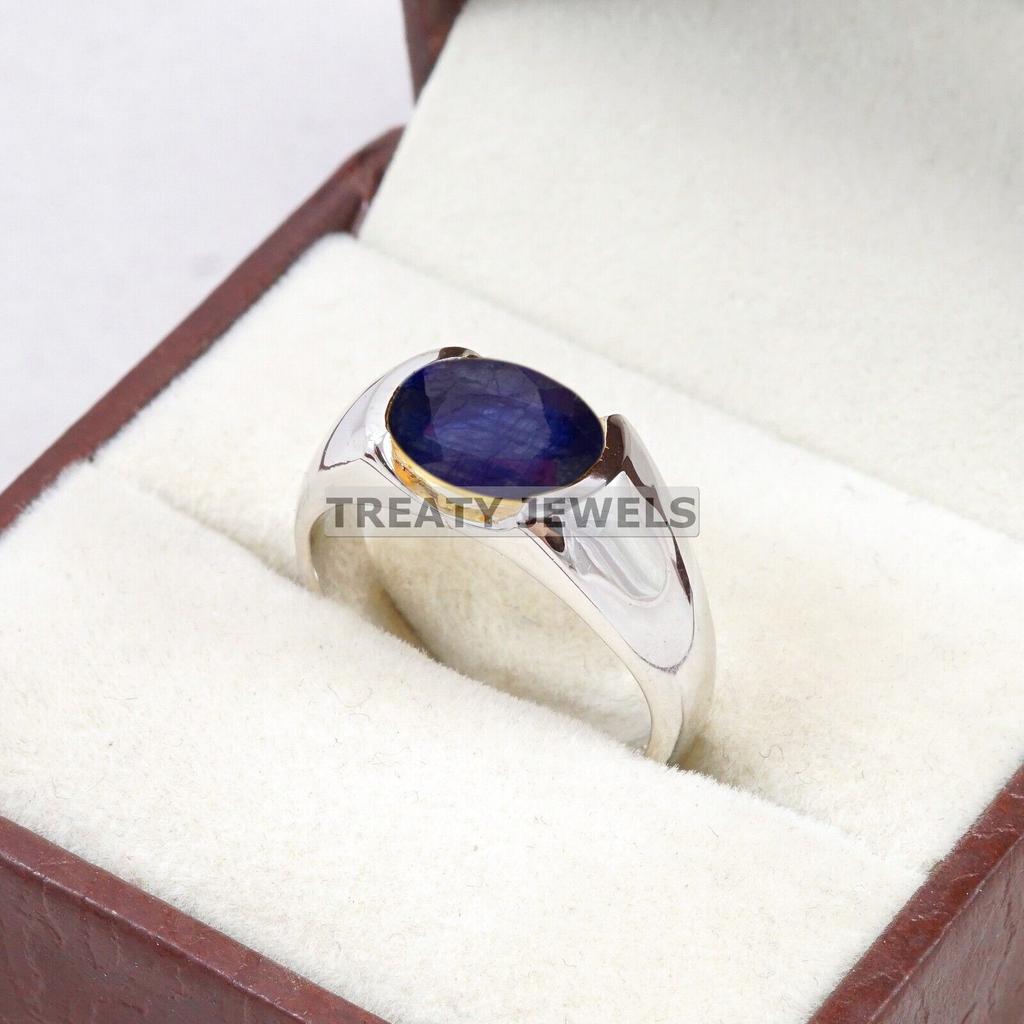 Erkekler İçin 925 Ayar Gümüş Yüzük Üzerinde Mavi Safir Oval Kesim Değerli Taş #B609 JL375686498301
