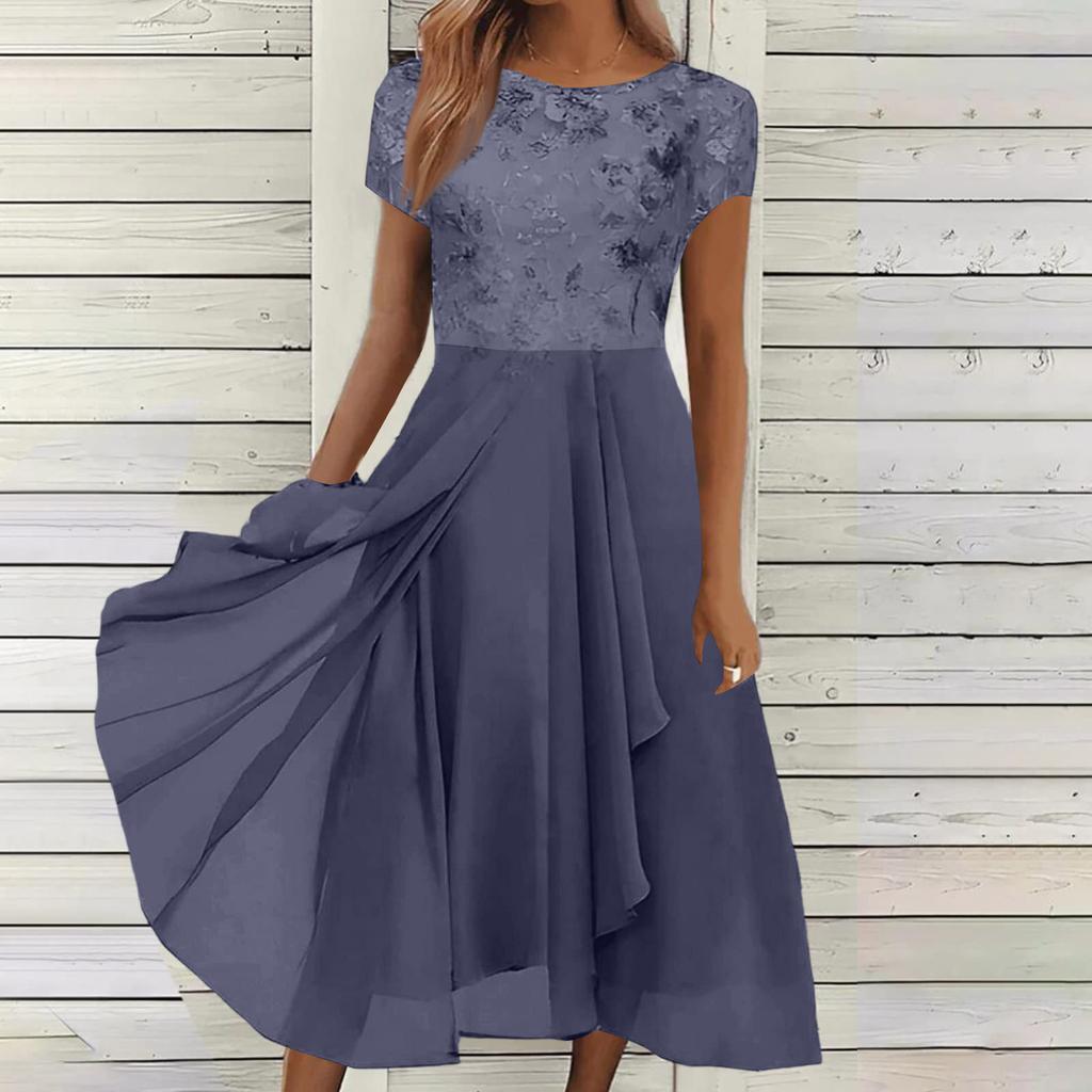 Women Chiffon Lace Patchwork Short Sleeve Maxi Dress Elegant Bridesmaid Evening Gown Flowy A Line Long Skirt for Formal Events