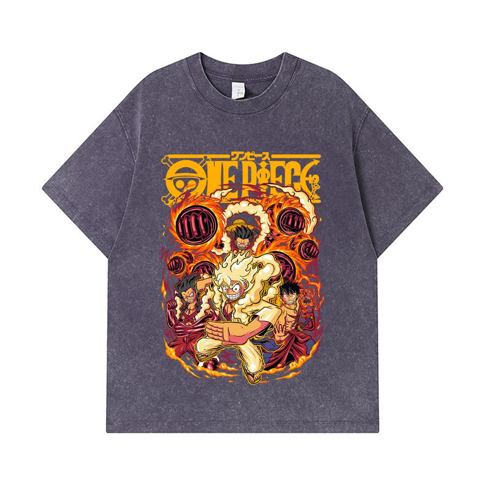275 GSM Washed T-shirts 100% Cotton One Piece V5 Luffy Gears Print Unisex Heavy Cotton T Shirt