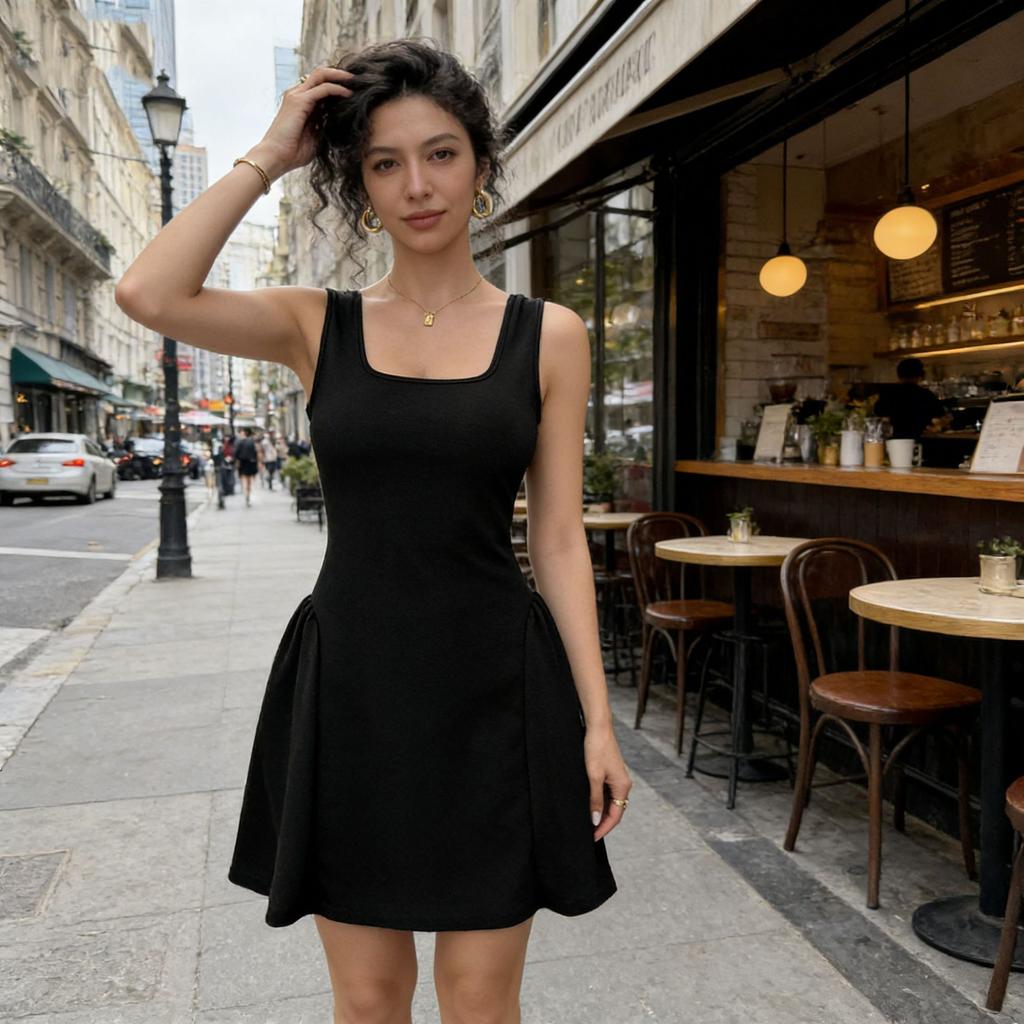 Popular direct supply of European and American style women's clothing, black short strap dress, small black skirt, new model