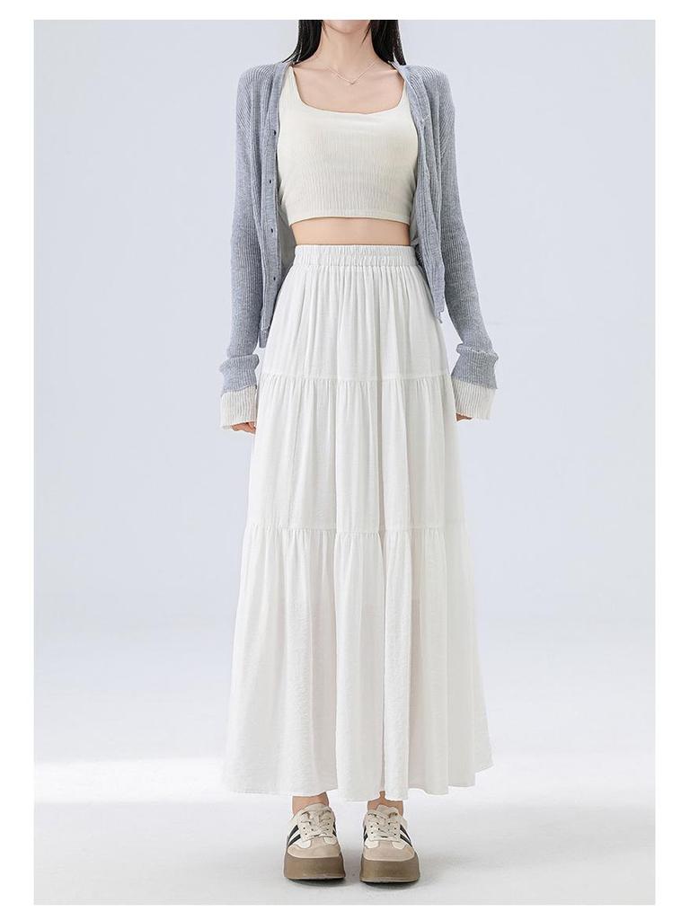 Summer 2025 Pink A-line Midi Skirt with Elastic Waist: Loose Fit, Slimming Design for Casual Wear.