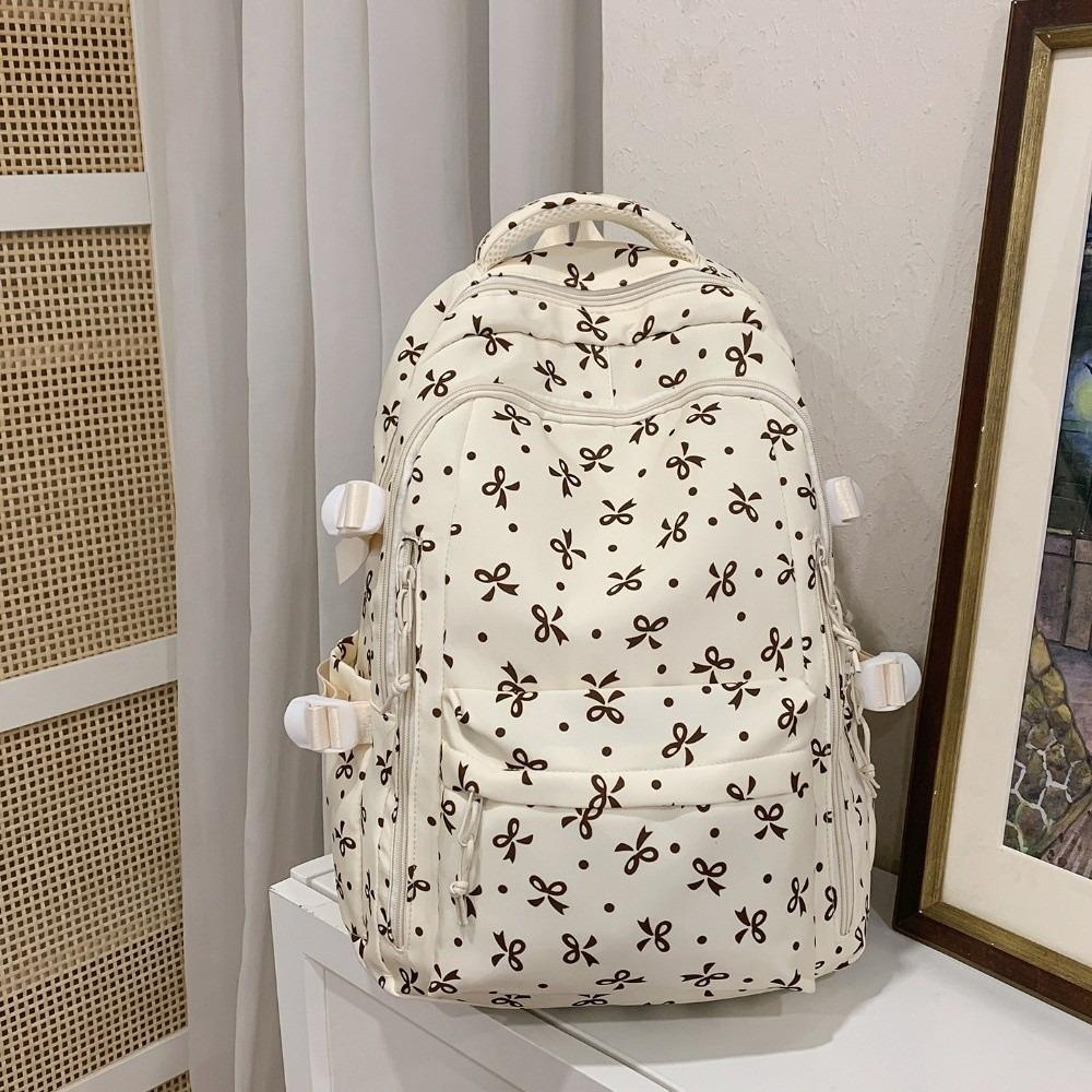 Multi-compartment Bow Pattern School Bag Multi-pocket Rucksack Floral Print Backpack Travel