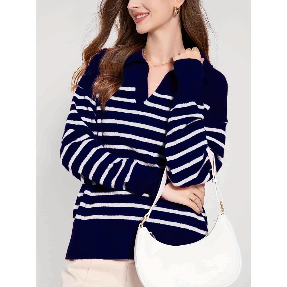 V-neck, Lapel, Striped Women's Long-sleeved Autumn Base Layer Top, Sweater, Contrasting Color Loose Navy Style Coat