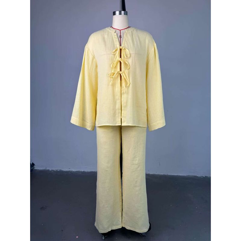 

Western Style New Fashion Solid Lace-up Shirts Trousers Two-Piece Suit Shirt and Pants Set Suit Yellow XXL