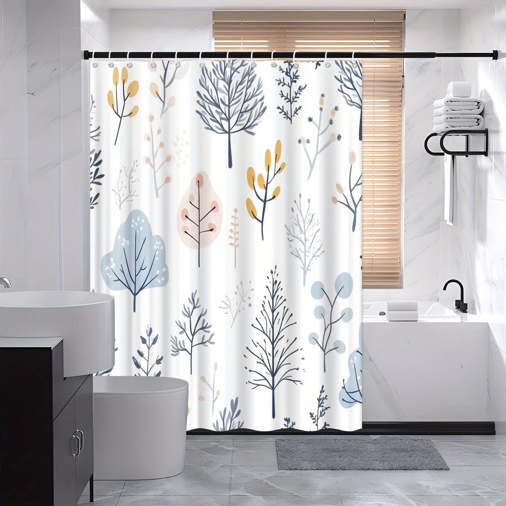 1 Aquarell Botanischer Duschvorhang - Hellblau-Beige mit zarten kahlen Ästen und kleinen Blättern, mit Haken, maschinenwaschbar