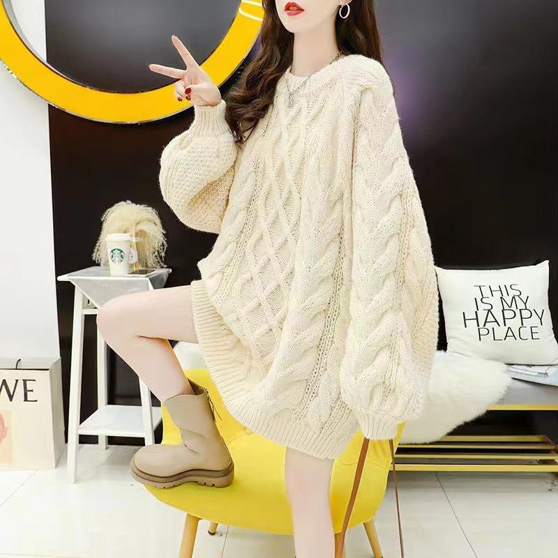 Large thick thread twist sweater women's thickened medium and long autumn and winter loose lazy wind knitted jacket top