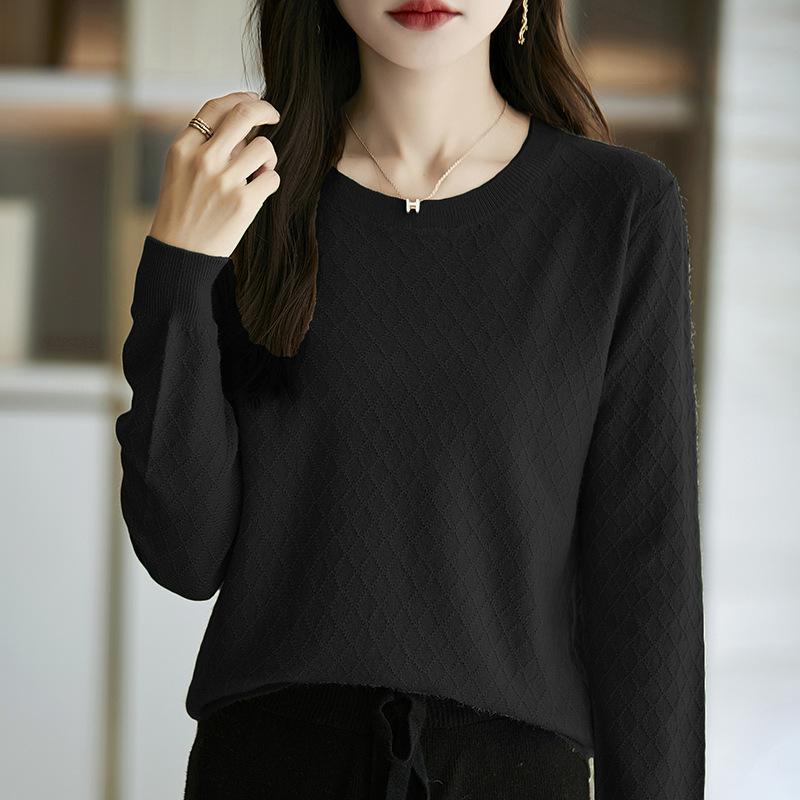 

Весенне-осенняя новая рубашка с круглым вырезом и ажурным низом, женский ромбовидный вязаный свитер свободного большого размера, топ с длинным рукавом XXL чёрный