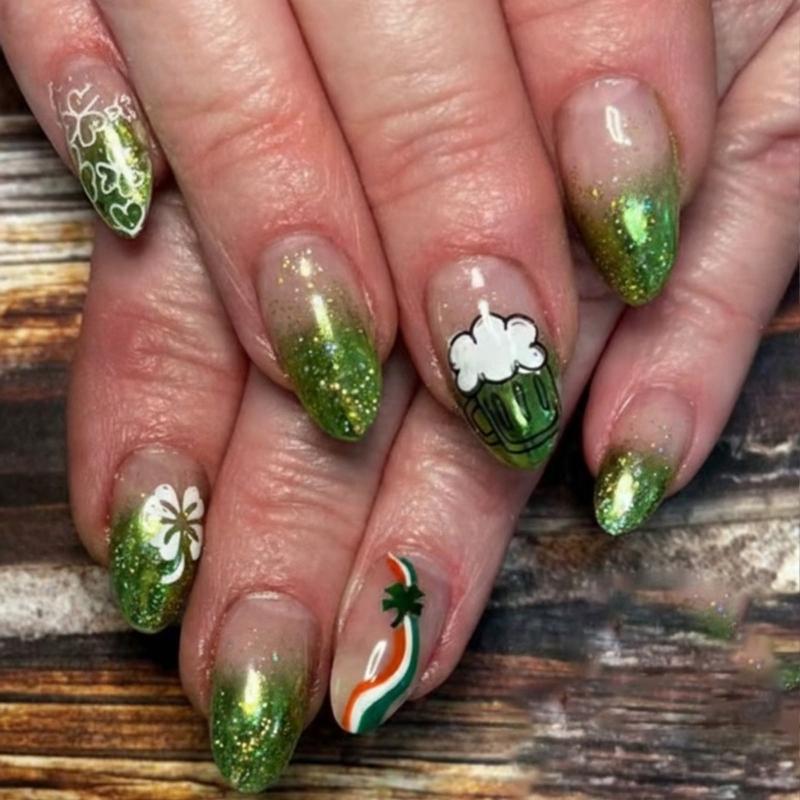 24Pcs False Nail with Sparkling Green Finish and Rainbows Clovers Pattern for Party Providing Easy Application and Styles 1