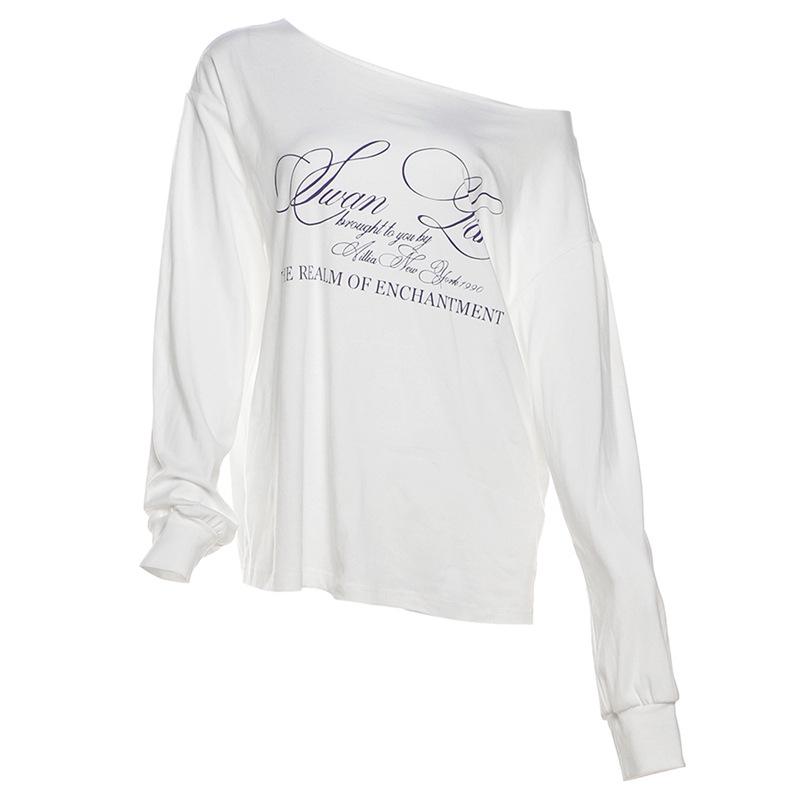 2025 Women's Summer One-Shoulder Loose T-Shirt with Letter Print