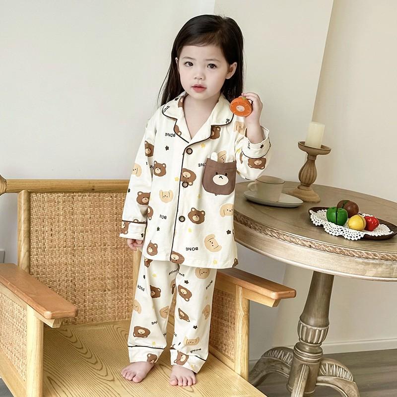 Kids Cotton Long Sleeve Pajama Set With Collar Soft Breathable Sleepwear Home Wear