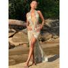 Outfitgirl Sexy Plaid Mesh Halterneck Bare Back Slim Fit Slit Print Dress Beach Vacation Dress