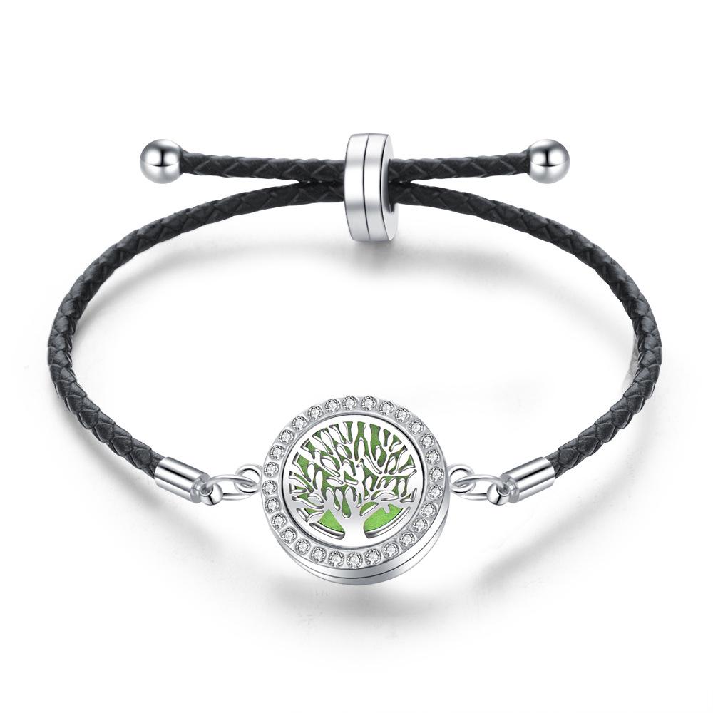 Stainless Steel Tree of Life Aromatherapy Bracelet with Diamonds and Leather Band