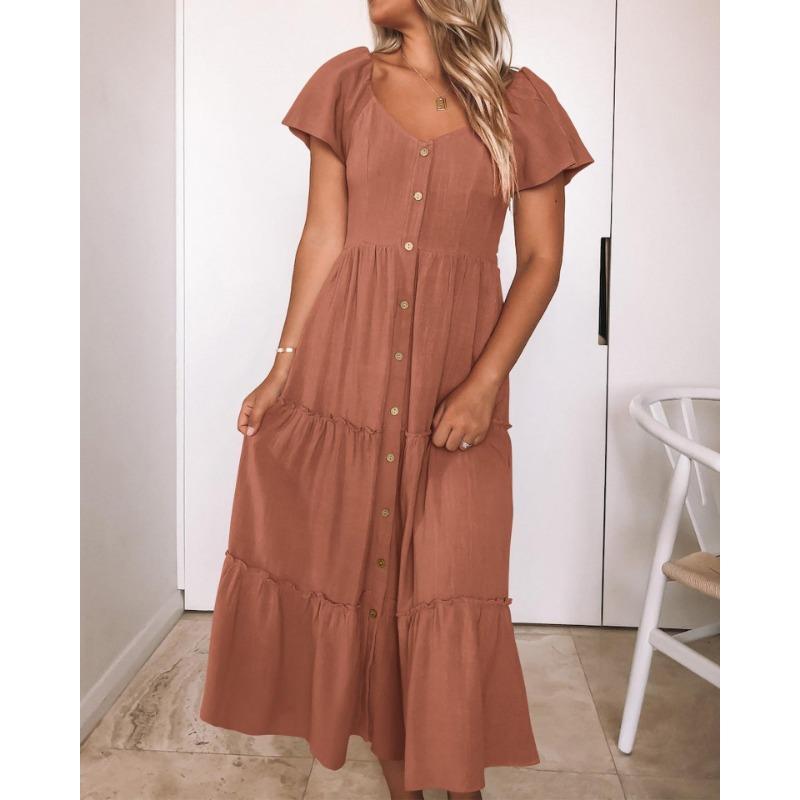 

YYFS женские модные летние весенние однотонные повседневные платья с короткими рукавами и v-образным вырезом и высокой талией XXL кирпич красный