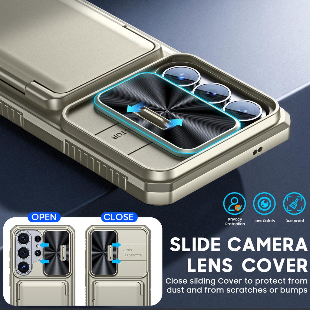 With Card Holder Sliding Camera Cover And Stand For Samsung Galaxy S26 Ultra Phone Case, Anti-Fall PC+TPU Wallet Case-Champagne