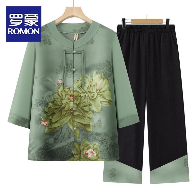 ROMON Women s Summer Floral Print Two-Piece Outfit for Moms & Grandmas 3XL