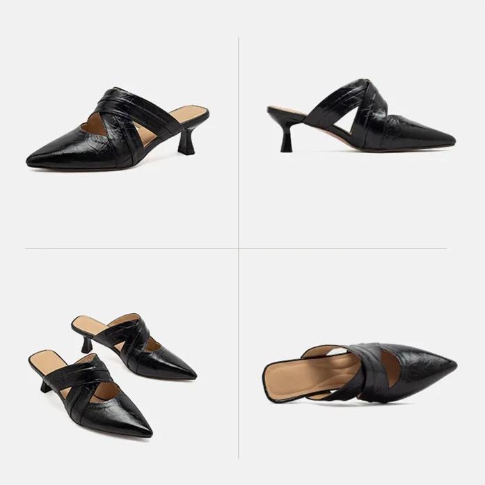 Johnature Temperament Spitse Neus Dunne Hak Slippers Echt Leer Modieus Veelzijdige Dames Slip-on Schoenen