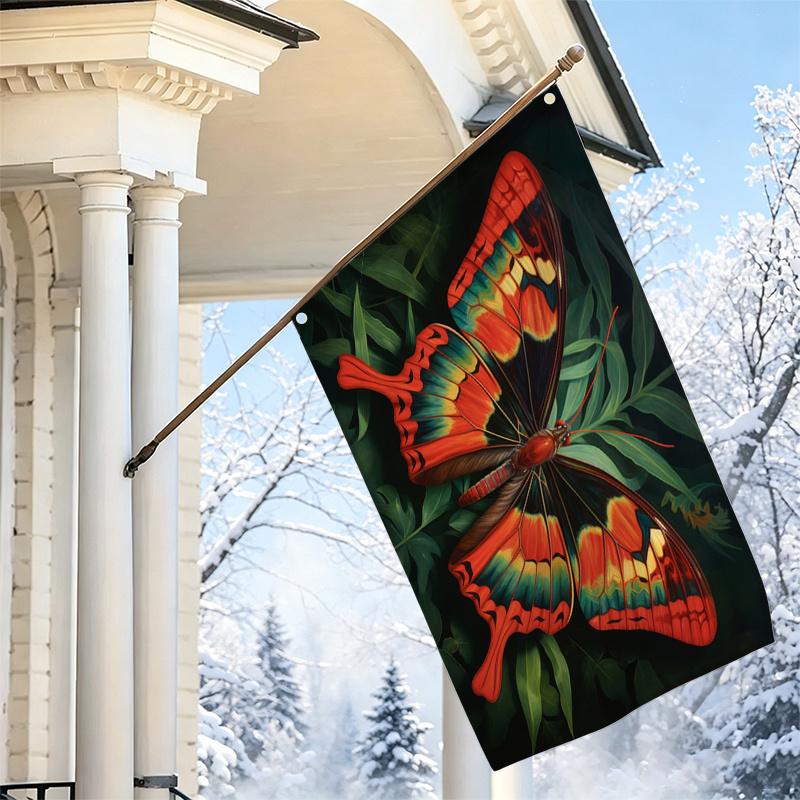 2D Flat, 1pc 2D Flat Decorative Flag, Exquisite Red-Orange Butterfly and Green Leaf Pattern Banner, Artistic Natural Style Hanging Art, Living Room an