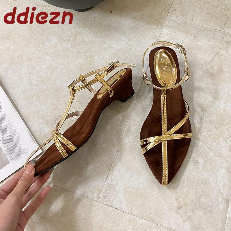 Fashion Fashion Shallow Women Low Heel Sandals Shoes Female Summer Spring Pointed Toe Footwear T-Strap Ladies Heeled Sandals Shoes