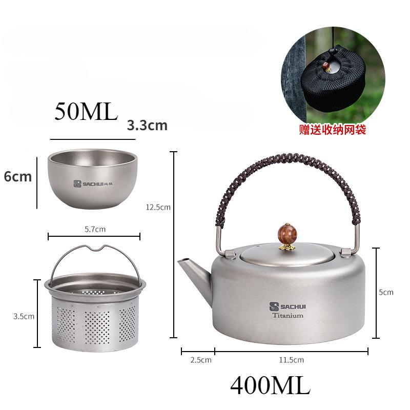Pure Titanium Tea Kettle Outdoor Boiling Kettle Camping Portable Double Layer Tea Set with Storage Bag