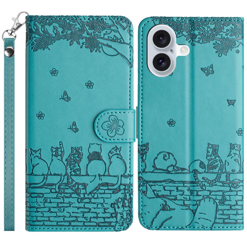 For iPhone 16 Case with Wrist Strap Leather Phone Cover Wall Cats Pattern
