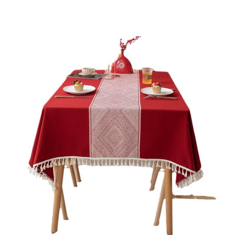 Festive Red Wedding Engagement Arrangement Decorative Coffee Table Tablecloth Polyester Jacquard New Year Retro Flower Table Tablecloth