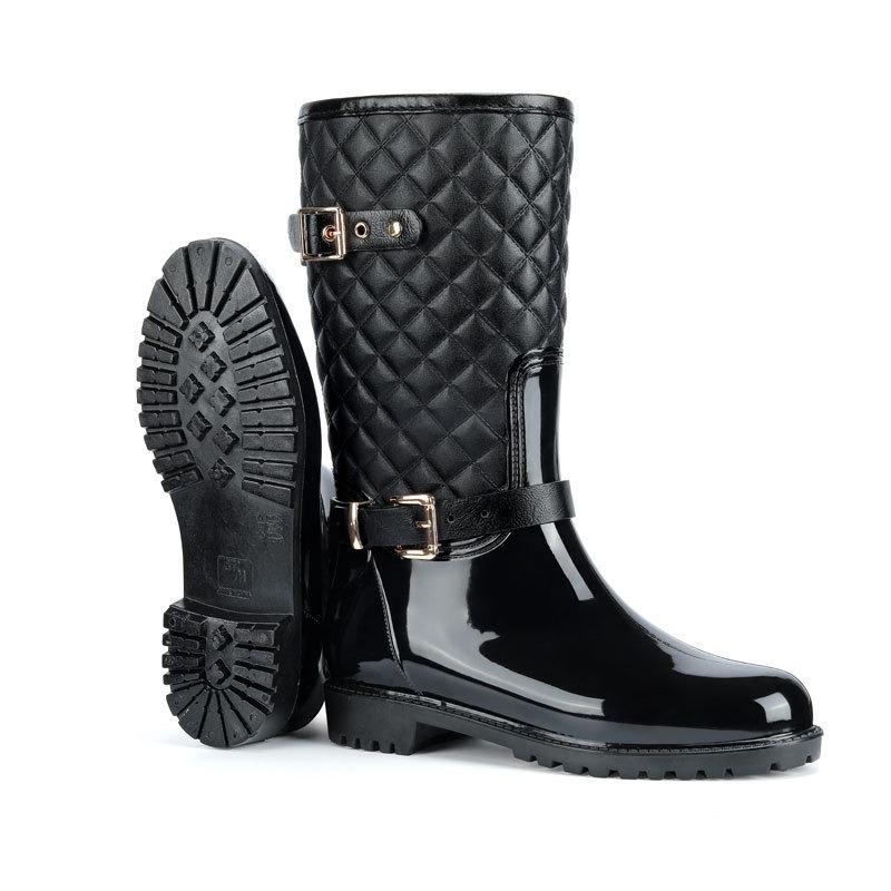 European Water Shoes Plus Cotton Women's Plaid Fashion Hunter Rain Boots Hemming Accessories Thermal Medium Tube Rain Shoes