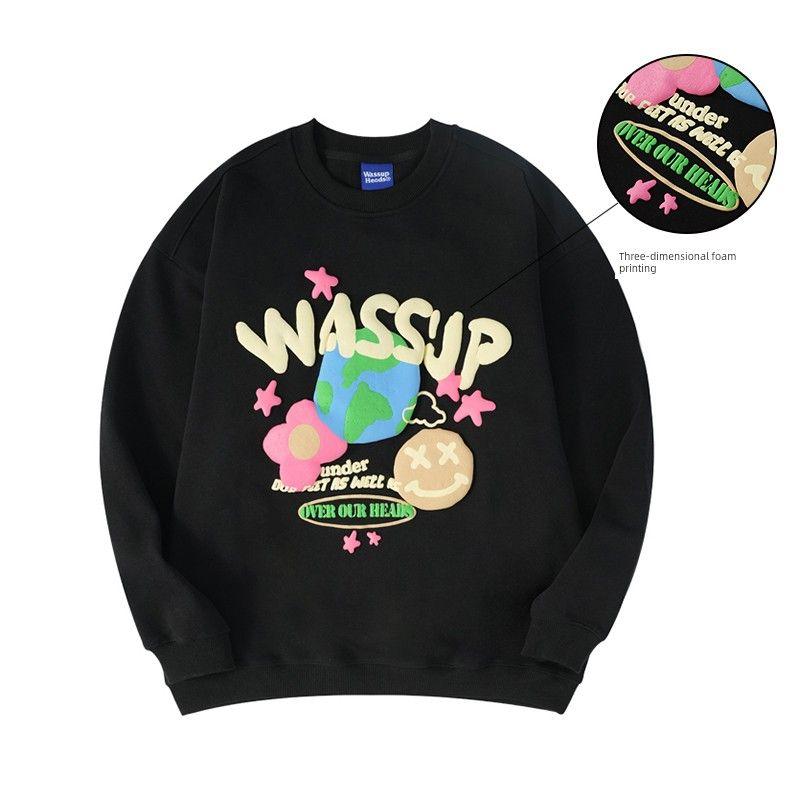 Wassup Heods Foam Stereo Letter Sweatshirt Men's Autumn and Winter Fleece-Lined Versatile Casual Round Neck Top for Couples