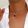 Stainless Steel Box Chain Necklace with Black Onyx Square Pendant