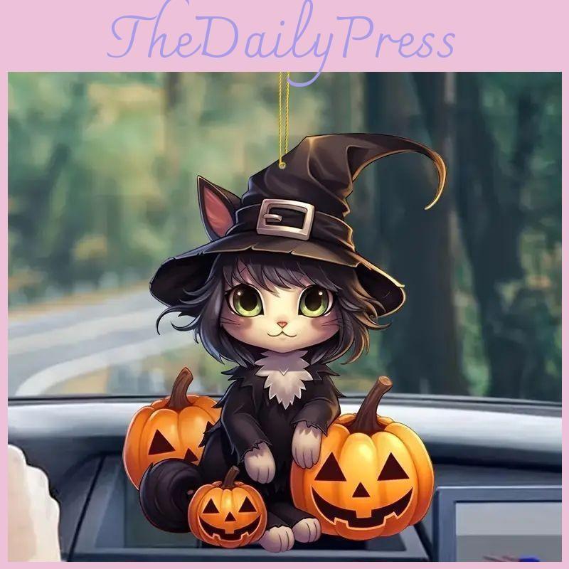 Halloween Flat Acrylic Surface Pendant With Cartoon Witch Cat Design Pumpkin