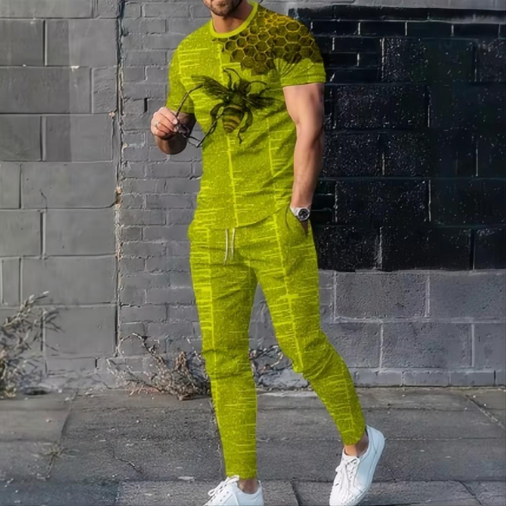 Summer Fashion Striped Simplest Bee Pattern 3D Printed Fashion Short Sleeved T-shirt Long Pants Men's Set