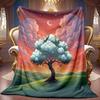 1pc 2D Starry Sky And Whimsical Cloud Tree Pattern Flannel Blanket, Soft HD Digital Print, Cooling Blanket for All Seasons! Soft And Breathable 100% P