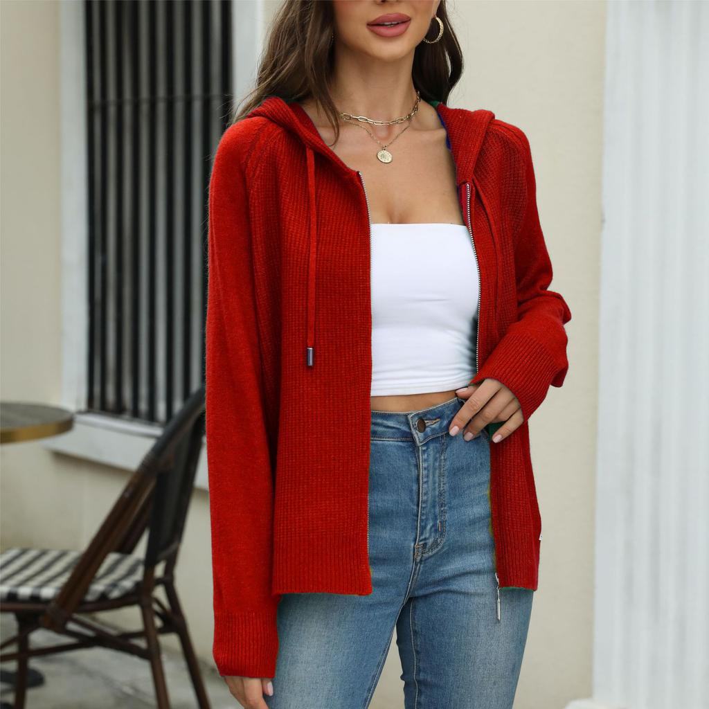 Cárdigan de punto para mujer, color sólido, con capucha, cremallera, suéter de punto, otoño e invierno, suéter con cordón, chaqueta cárdigan para mujer