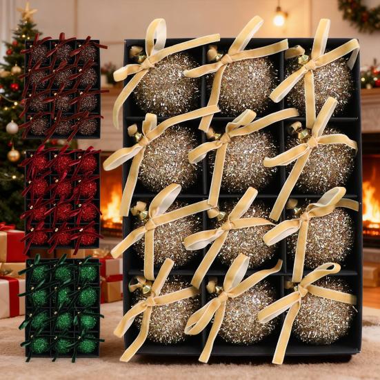 Glitter Christmas Balls Ornament Sparkly Shatterproof Tinsel Balls with Bow Sequin Hanging Ball Xmas Tree Decoration for Xmas Wedding Indoor