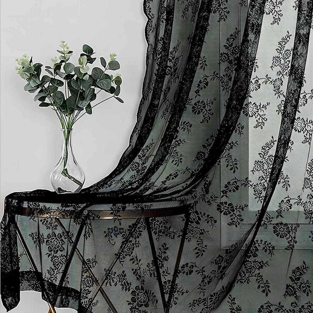 1pc Romantic Lace Sheer Curtain, Rod Pocket Flower Lace Window Curtains for Living Room Bedroom Home Decor, Window Screening