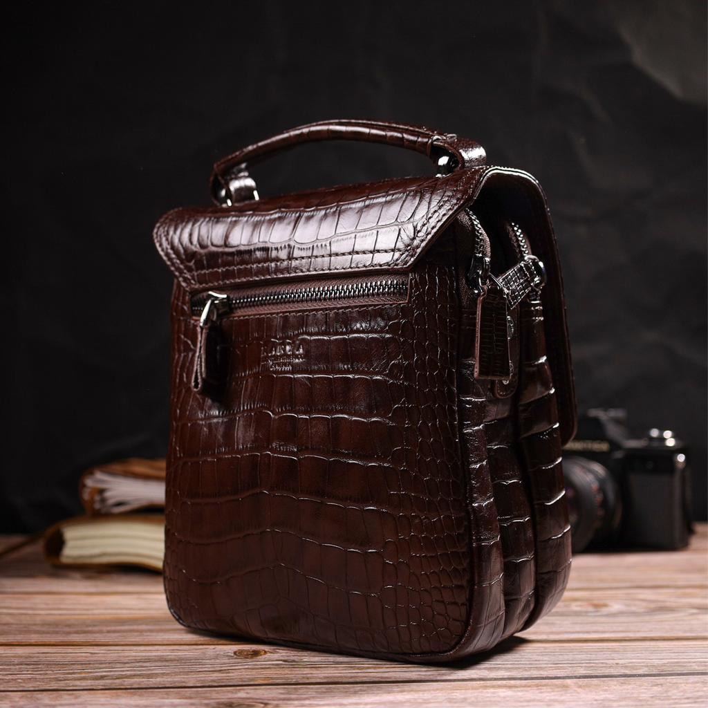 Men's Vertical Bag Made of Genuine Leather with Crocodile Embossing KARYA 21946 Brown