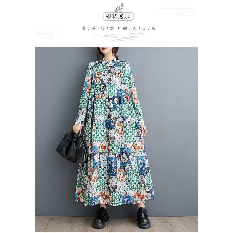 New Large Size Loose Thin Fashion Long-sleeved Printed Mid-length Dresses