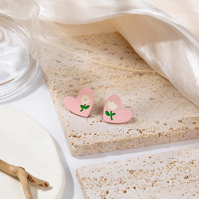 Silver Needle Exquisite Pink Tulip Floral Stud Earrings for Women - Sweet Romantic Jewelry