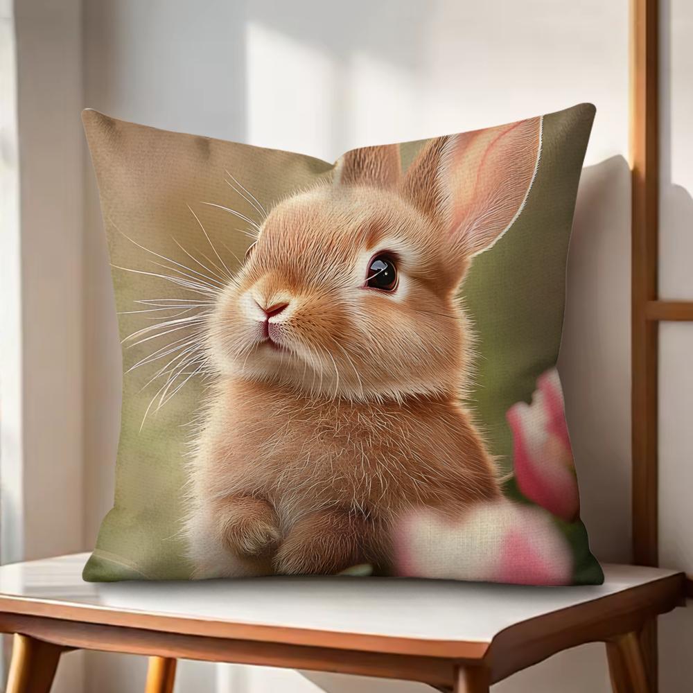 Cute Rabbit Cushion Cover Natural Linen Organic Fabric DoubleSided Printing Couch Pillow Covers Home Decor