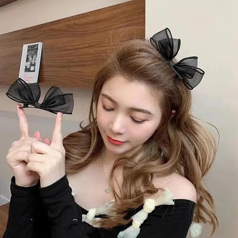 2 Stück Elegante Netzschleifen-Haarspangen Süße Seitenpony-Haarklammer Temperament Stirnclip Kopfschmuck Entenschnabelspange