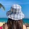 1pc Summer Contrasting Color Plaid Drawstring Bucket Hats Women Outdoor Hiking Sun Protection Versatile Caps for Beach Tralve