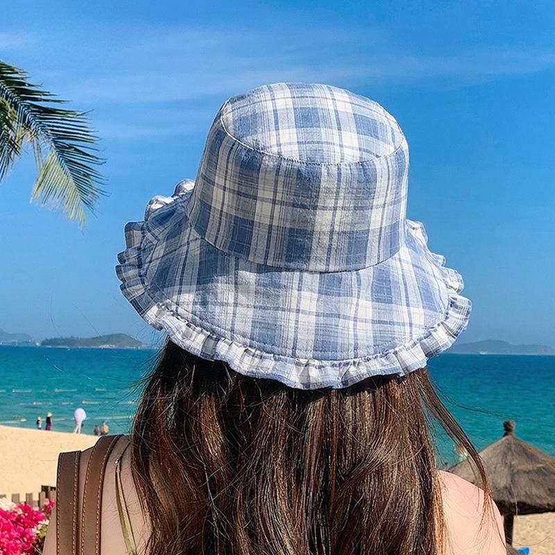 1pc Summer Contrasting Color Plaid Drawstring Bucket Hats Women Outdoor Hiking Sun Protection Versatile Caps for Beach Tralve