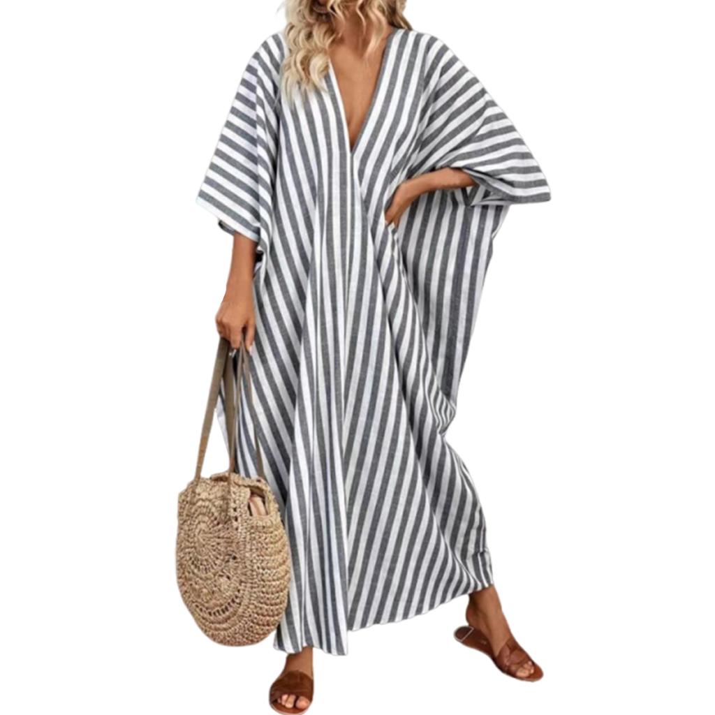Women's Fashionable Loose Casual V-neck Striped Long Resort Dress