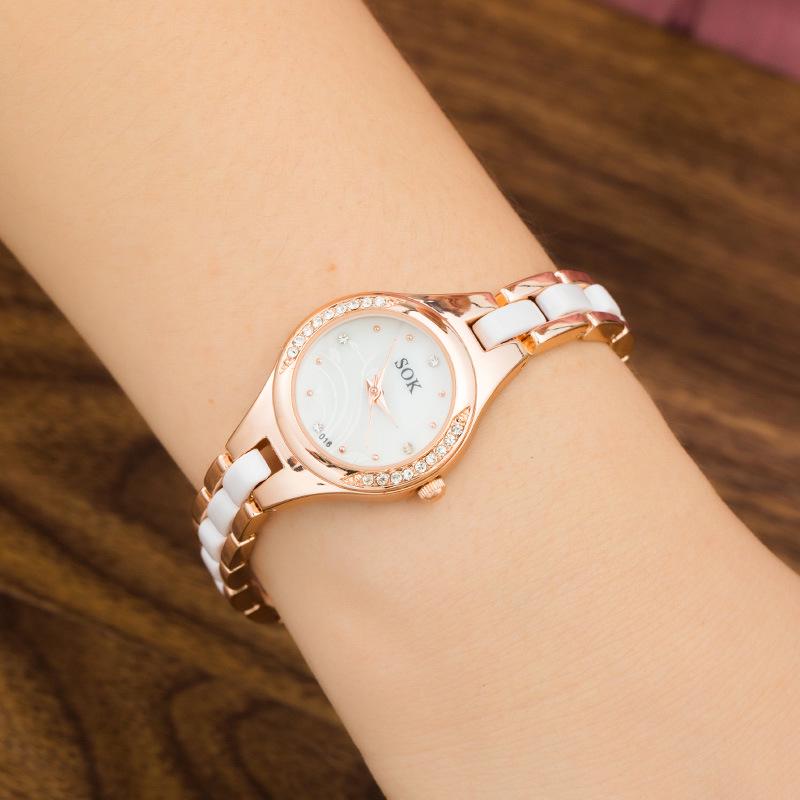 Korean Style Rhinestone Ceramic Women's Waterproof Quartz Watch with Steel Band & Fashion Bracelet