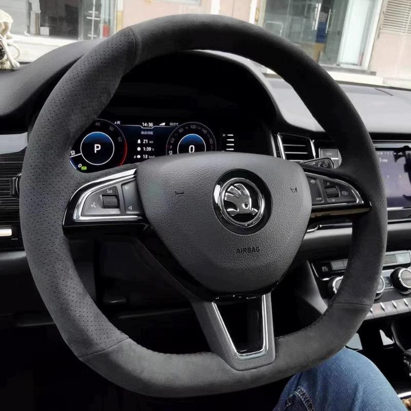 

Для Skoda Octavia 2015- Fabia Kodiaq Superb Scala Ручна робота Замша Нековзка Покришка на кермо автомобіля 3