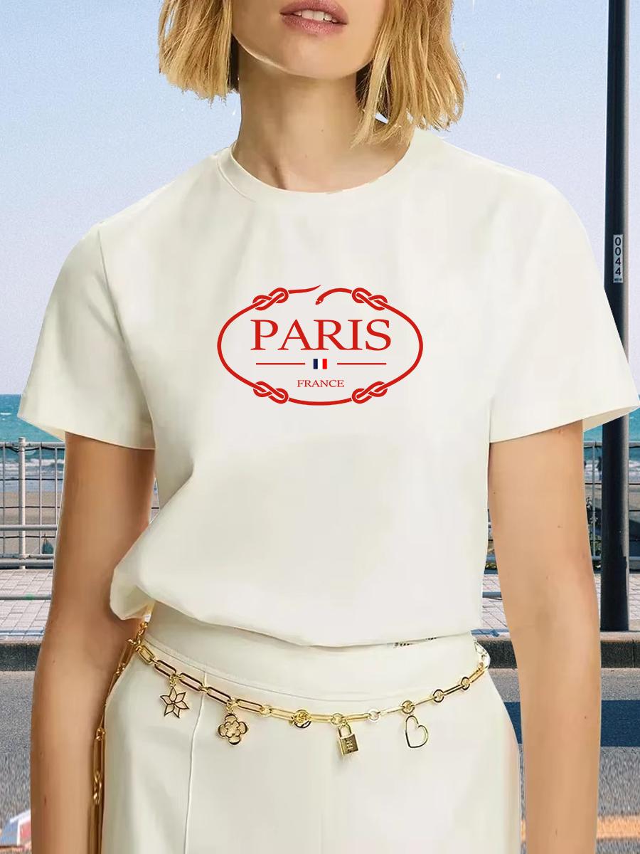 

PARIS Print T-shirt, Short Sleeve Crew Neck Casual Top For Summer & Spring Women s Clothing S