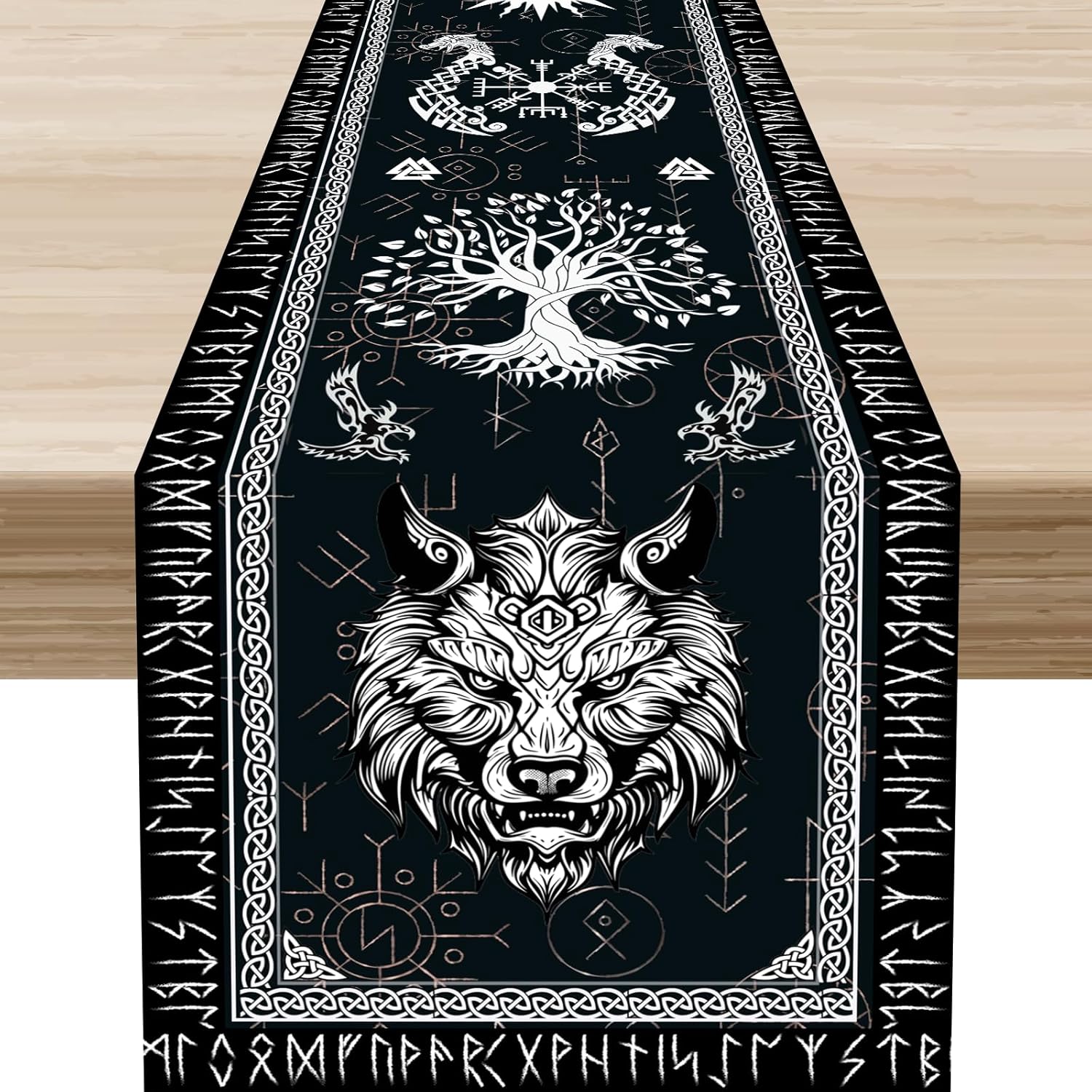 Noorse Viking Linnen Tafel Runner Feest Decor Raaf Helm van Ontzag Oude Mythische Dier Raaf Print Tafel Runners Huisdecoratie 150x33cm white