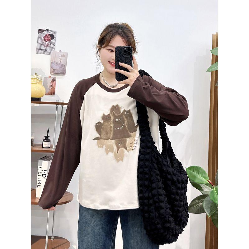 Plus-Size Women's Raglan Sleeve Patchwork Long-Sleeve T-Shirt Top, Spring and Autumn 2026 New Style, Slimming Base Layer for Slightly Chubby Women